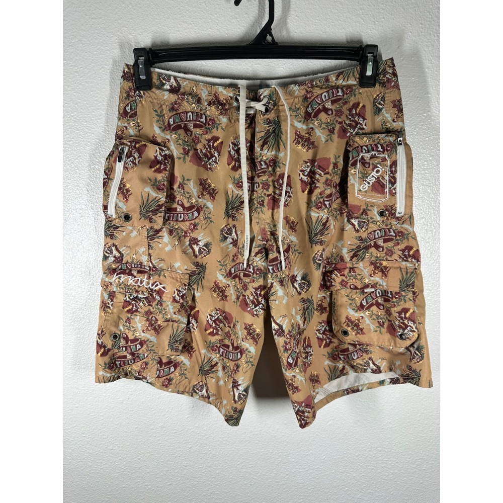 Matix Board Shorts Mens 32 Tan Tijuana Cargo Swim Trunks Graphic Print All Over